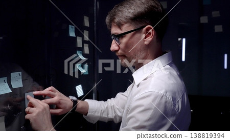 Man in glasses planning a new business strategy, creating an action plan, writing notes on a glass board, brainstorming ideas for project management in the office 138819394