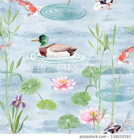 Seamless watercolor pattern with koi fish, duck, lotus flowers, bamboo, lily pads on blue pond background. Asian zen garden inspired design for textile, wallpaper, wrapping paper, stationery, pattern 138819583