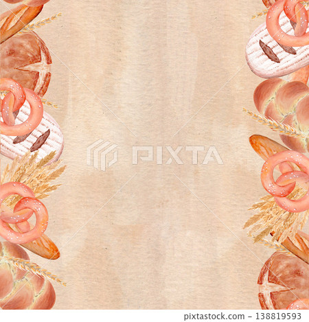 Bread, pretzel vertical bakery border on parchment paper background with wheat, baguette. Seamless watercolor frame with copy space. Hand painted illustration for packaging, menu design, cafe branding Bread, pretzel vertical bakery border on parchment paper background with wheat, baguette. Seamless watercolor frame with copy space. Hand painted illustration for packaging, menu design, cafe branding 138819593