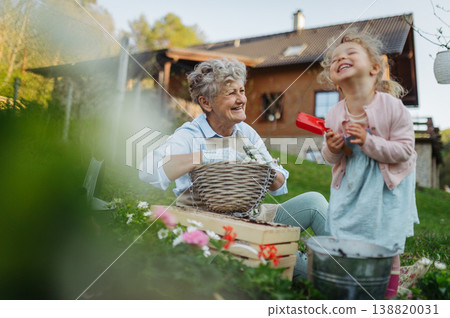 Senior grandmother with small granddaughter gardening during spring season. Senior grandmother with small granddaughter gardening during spring season. 138820031