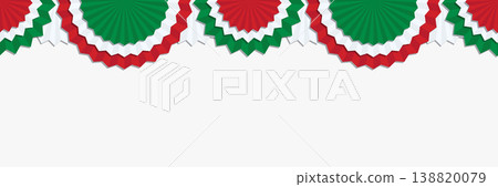 Decorative border with small italian rosettes and ribbon scallops in a rhythmic pattern. A festive national garland for celebration design and bright event layouts on white Decorative border with small italian rosettes and ribbon scallops in a rhythmic pattern. A festive national garland for celebration design and bright event layouts on white 138820079