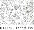 Little engineers work in robotics workshop. Large black and white coloring page. Scene of group of inquisitive children constructing and studying blueprints in creative science lab. 138820159