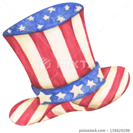 Watercolor Uncle Sam hat illustration, American flag red white blue star and stripes cap design, 4th of July Independence Day celebration decor, USA patriotic holiday accessory vintage retro symbol Watercolor Uncle Sam hat illustration, American flag red white blue star and stripes cap design, 4th of July Independence Day celebration decor, USA patriotic holiday accessory vintage retro symbol 138820206