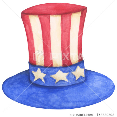 Watercolor Uncle Sam hat illustration, American flag red white blue star and stripes cap design, 4th of July Independence Day celebration decor, USA patriotic holiday accessory vintage retro symbol Watercolor Uncle Sam hat illustration, American flag red white blue star and stripes cap design, 4th of July Independence Day celebration decor, USA patriotic holiday accessory vintage retro symbol 138820208