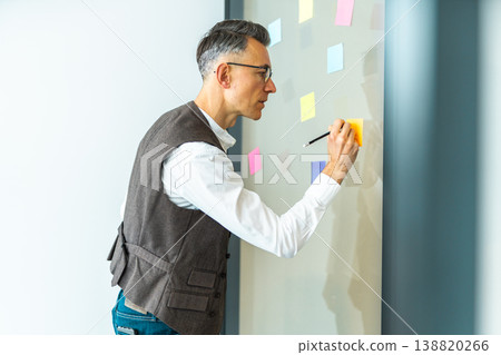 Man writes on sticky notes on a wall during a brainstorming session in an office space Man writes on sticky notes on a wall during a brainstorming session in an office space 138820266