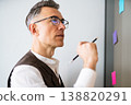 Worker engaged in planning and organizing ideas using colorful sticky notes on a wall during a brainstorming session in an office 138820291