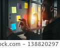 Man working on glass board with colorful sticky notes in an office during sunset while holding a pen 138820297