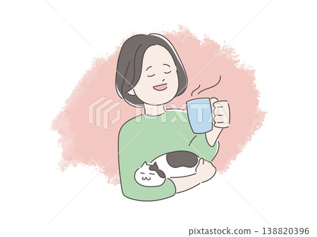 An illustration of a woman relaxing with a cat and drinking coffee. 138820396