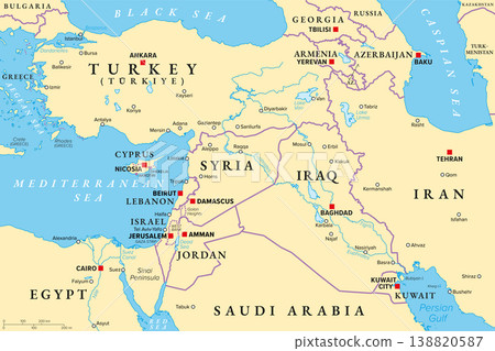 Turkey and countries of the Levant, political map. Eastern Mediterranean, the heart of the Middle East, encompassing Anatolia, and countries along the eastern Mediterranean coast. Illustration. Vector 138820587