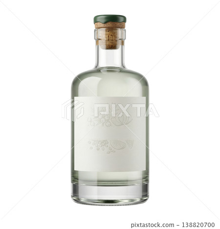 Premium alcoholic spirit in stylish clear bottle with natural cork, presented as studio packshot. 138820700