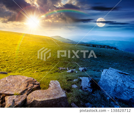 day meet night. mountain summer time landscape. sun and moon over meadow with giant stones among the grass on the hillside. epic view near the peak of mountain smooth at twilight. harmony concept day meet night. mountain summer time landscape. sun and moon over meadow with giant stones among the grass on the hillside. epic view near the peak of mountain smooth at twilight. harmony concept 138820712