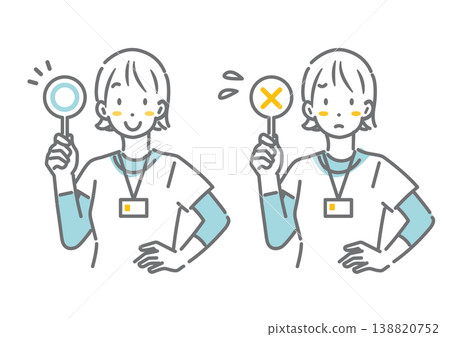 A sports instructor explains while showing true/false plates. Simple and stylish line drawing illustration. A sports instructor explains while showing true/false plates. Simple and stylish line drawing illustration. 138820752
