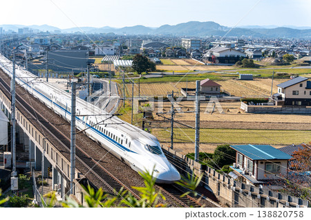 A Shinkansen Nozomi N700A bound for Tokyo Station; a view from Shishigami Amusement Park in late autumn; Higashi Ward, Okayama City, Okayama Prefecture. A Shinkansen Nozomi N700A bound for Tokyo Station; a view from Shishigami Amusement Park in late autumn; Higashi Ward, Okayama City, Okayama Prefecture. 138820758