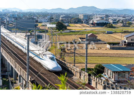 A Shinkansen Hikari N700A bound for Tokyo Station; a view from Shishigami Amusement Park in late autumn; Higashi Ward, Okayama City, Okayama Prefecture. 138820759