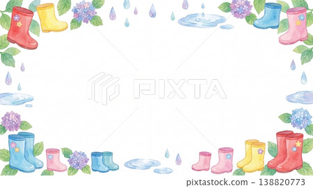 雨靴和雨框，雨季水彩裝飾畫框 138820773