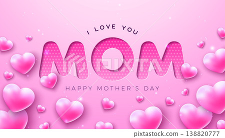 Happy Mother's Day Banner with Hearts and Cut Out I love You Mom Typography Lettering on Pink Background. Vector Motherhood Celebration Design with Symbol of Love for Greeting Card, Banner, Flyer 138820777