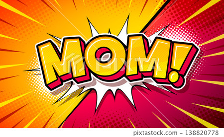 Mother's Day Banner or Postcard with Comic Style Mom Typography Lettering on Cartoon Movie Background. Vector Superhero Mother Celebration Design with Symbol of Love for Greeting Card, Flyer 138820778