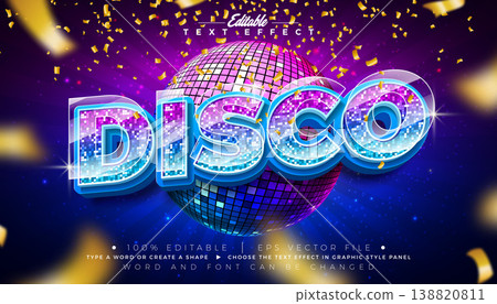 Disco Party Text Effect Design Editable Vector Graphic Style Effect with Editable Disco Ball Pattern Typography Lettering on Falling Gold Confetti Background. Premium Musical, Luxury Casino, Night 138820811