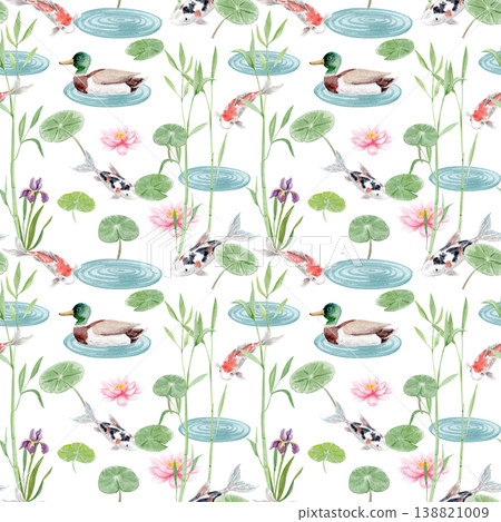 Seamless koi fish watercolor pattern with lotus flowers, lily pads, water ripples. Japanese carp, repeating pond background isolated on white for textile, wallpaper, wrapping, packaging, design Seamless koi fish watercolor pattern with lotus flowers, lily pads, water ripples. Japanese carp, repeating pond background isolated on white for textile, wallpaper, wrapping, packaging, design 138821009