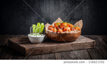 Delicious Buffalo Cauliflower Bites with Creamy Dip and Celery Sticks. 138821592