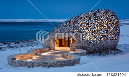 Modern stone structure with warm lights on a snowy coast. 138821594