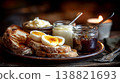 Delicious Breakfast Spread with Toast, Eggs, and Jam by Candlelight. 138821693