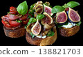 Delicious Bruschetta with Figs, Tomatoes and Basil on Dark Background 138821703