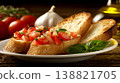 Fresh Tomato Basil Bruschetta Appetizer on Rustic Wooden Table 138821705