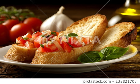 Fresh Tomato Basil Bruschetta Appetizer on Rustic Wooden Table 138821705