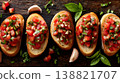 Delicious Tomato and Basil Bruschetta on Rustic Wooden Table 138821707