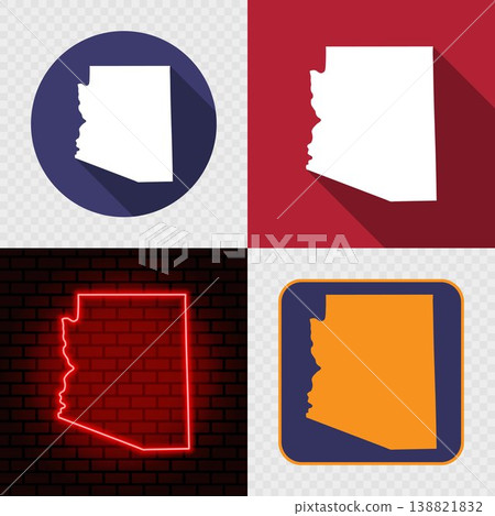 Arizona State Map Icons Set, USA Silhouette Collection in Flat, Minimal and Neon Styles. Arizona State Map Icons Set, USA Silhouette Collection in Flat, Minimal and Neon Styles. 138821832