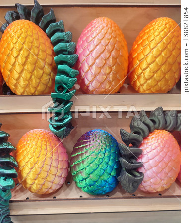 3D printed different art objects. Objects printed on 3D printer from melted colored plastic. Multicolored models created on 3D printer from threads of molten plastic. Modern new additive technologies 138821854