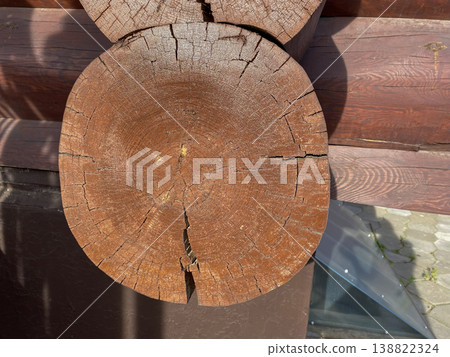 Wooden log with cracks shows signs of aging and weather effects on a sunny day 138822324