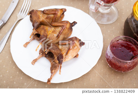 Baked Partridge Served on Minimal Plate Baked Partridge Served on Minimal Plate 138822409