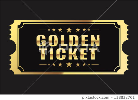 Premium golden ticket design on a black background featuring a bold metallic gradient, decorative stars, and an elegant Art Deco frame. Perfect for VIP invitations, luxury event passes, lottery winner Premium golden ticket design on a black background featuring a bold metallic gradient, decorative stars, and an elegant Art Deco frame. Perfect for VIP invitations, luxury event passes, lottery winner 138822701