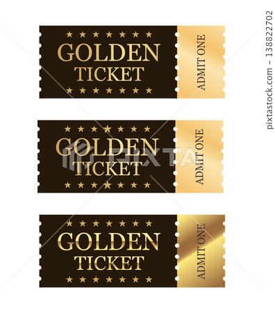 A collection of three elegant golden ticket designs on a dark background. Each ticket features decorative stars, "Admit One" perforated tabs, and varying luxury metallic gradients. Ideal for VIP invit A collection of three elegant golden ticket designs on a dark background. Each ticket features decorative stars, "Admit One" perforated tabs, and varying luxury metallic gradients. Ideal for VIP invit 138822702