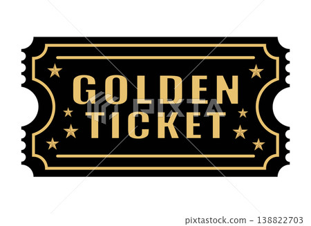 Elegant golden ticket illustration on a black background featuring a classic movie ticket shape, decorative stars, and a double-line border. Perfect for cinema-themed parties, exclusive event invitati Elegant golden ticket illustration on a black background featuring a classic movie ticket shape, decorative stars, and a double-line border. Perfect for cinema-themed parties, exclusive event invitati 138822703