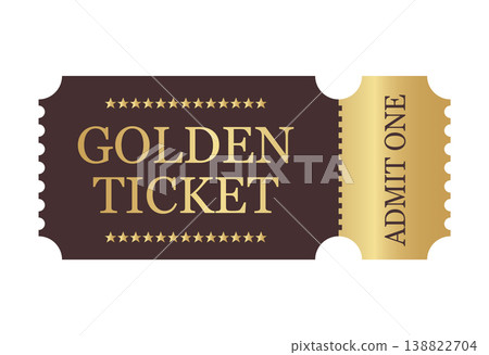 Elegant golden ticket design on a dark brown background with decorative stars and "Admit One" text. Perfect for luxury event invitations, lottery winners, movie premieres, and exclusive prize draws 138822704
