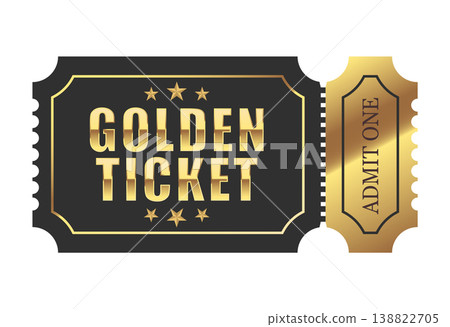 Luxury golden ticket design on a dark background featuring decorative stars, an elegant Art Deco frame, and a metallic gradient. Includes an "Admit One" tear-off section. Perfect for VIP events, premi 138822705