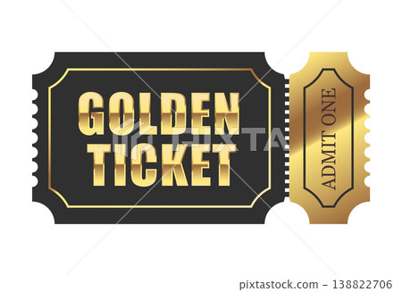Luxury golden ticket design on a black background featuring a bold metallic gradient, elegant borders, and an "Admit One" tear-off section. Ideal for high-end events, VIP invitations, luxury cinema, a 138822706