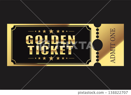 Premium golden ticket design on a dark background featuring a bold metallic gradient, elegant Art Deco borders, and decorative stars. Includes a perforated "Admit One" section, ideal for VIP event inv 138822707