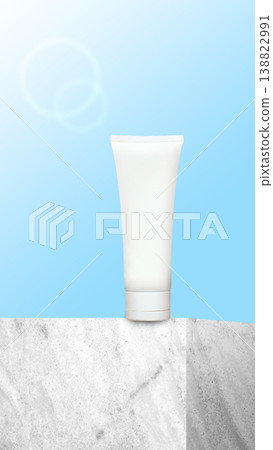 A blank white squeeze tube for sunscreen or lotion sits on a marble podium against a bright blue sunny sky. Minimalist product mock-up for beauty and skincare branding A blank white squeeze tube for sunscreen or lotion sits on a marble podium against a bright blue sunny sky. Minimalist product mock-up for beauty and skincare branding 138822991