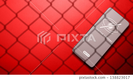 A smartphone displaying a sensitive content warning message on a red background with a wire fence shadow, representing digital censorship, restricted access, and online content control A smartphone displaying a sensitive content warning message on a red background with a wire fence shadow, representing digital censorship, restricted access, and online content control 138823017