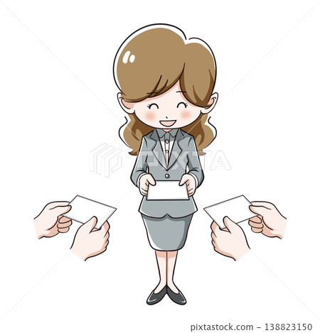 一位身著職業套裝的女商人面帶微笑地交換名片。 138823150