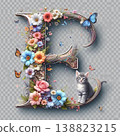 Flowers, vines, butterflies, and a kitten entangled in the letter E 138823215
