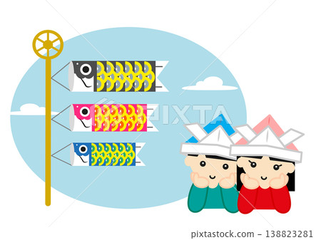 A boy and a girl wearing origami helmets gaze at carp streamers. A boy and a girl wearing origami helmets gaze at carp streamers. 138823281