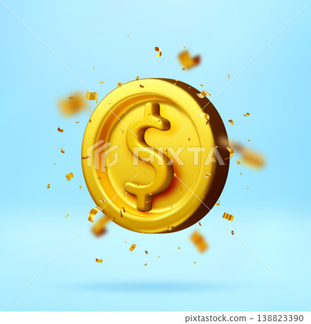 3D Golden coin with dollar sign in confetti. 3D Golden coin with dollar sign in confetti. 138823390