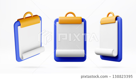 Blue clipboard with white paper sheet in 3D style. 138823395