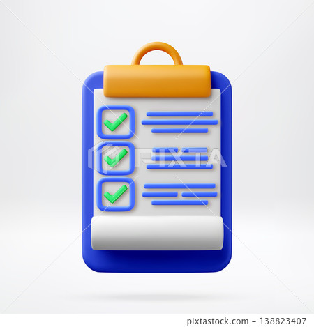 3D Clipboard with checklist and completed task marks. 3D Clipboard with checklist and completed task marks. 138823407