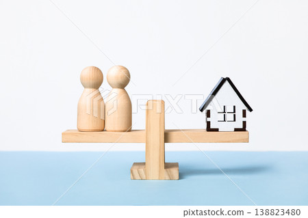 House and wooden men on a wooden balance scale. Property investment and house mortgage financial real estate concept. Topics of saving, investing, financial aspects of purchasing a home. House and wooden men on a wooden balance scale. Property investment and house mortgage financial real estate concept. Topics of saving, investing, financial aspects of purchasing a home. 138823480
